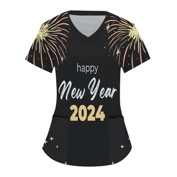 Новогодние топы 2024 года, Новая милая униформа медсестры, Женская Свободная рабочая блузка с V-образным вырезом, принт, Короткий рукав, карман, комбинезон, Одежда 1
