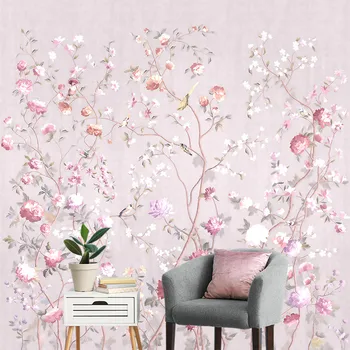 Новый завод в китайском стиле с изображением розовых цветов и птиц, домашние пользовательские 3D обои, наклейка на стену, гостиная, спальня 1