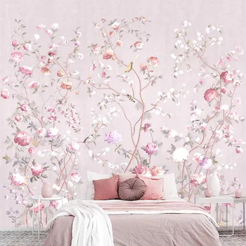 Новый завод в китайском стиле с изображением розовых цветов и птиц, домашние пользовательские 3D обои, наклейка на стену, гостиная, спальня 2