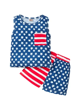 Одежда из двух предметов на День независимости новорожденного, США, американский флаг, жилет без рукавов с карманами, 4 июля, Эластичные короткие штаны 1