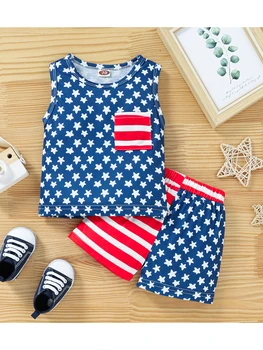 Одежда из двух предметов на День независимости новорожденного, США, американский флаг, жилет без рукавов с карманами, 4 июля, Эластичные короткие штаны 2