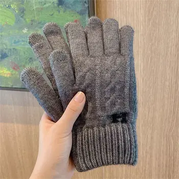 Осенне-зимние мужские вязаные перчатки с сенсорным экраном, высококачественные шерстяные однотонные перчатки, мужские варежки, теплые флисовые перчатки для верховой езды 1