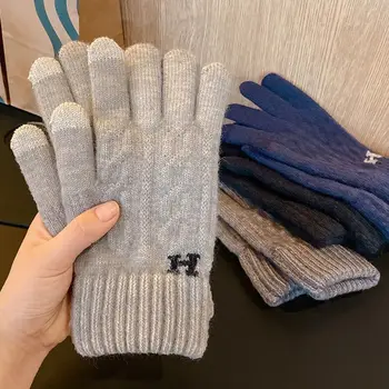 Осенне-зимние мужские вязаные перчатки с сенсорным экраном, высококачественные шерстяные однотонные перчатки, мужские варежки, теплые флисовые перчатки для верховой езды 2