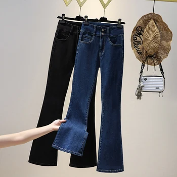 Осенние стрейчевые расклешенные джинсы, женские джинсовые брюки с высокой талией, женские эластичные брюки на двойных пуговицах Mujer 4XL