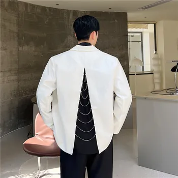 Осень 2023, корейский стиль, уникальный дизайн металлической цепочки с разрезом сзади, мужской повседневный свободный однотонный костюм для мужчин M-XL 2
