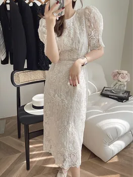 роскошное элегантное женское белое кружевное платье с высокой вышивкой, женское летнее французское элегантное длинное платье с узкой талией 2023 года 2