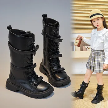 Сапоги для девочек 2023 года, Новые Детские Кожаные сапоги Английской принцессы Для девочек, Высокие сапоги с бантом Для девочек, Модные ботинки Martin 1