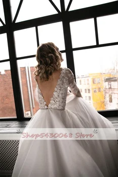 Свадебное платье с 3D цветочной аппликацией, блестящий тюль, V-образный вырез, Длинные рукава, Открытая спина, Свадебное платье цвета слоновой кости, пояс с жемчугом, Блестящая принцесса 2