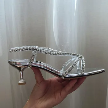 Серебристые женские босоножки Rainstone с квадратным носком, яркие, элегантные Женские туфли роскошного бренда на высоком каблуке с узкой лентой для вечеринок 1