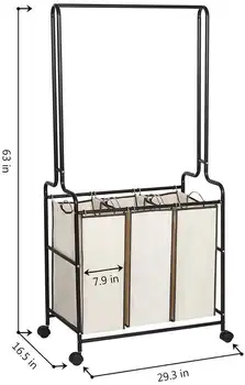 Съемная тележка для сортировки белья Oumilen для тяжелых условий эксплуатации с 3 мешками, с подвесной планкой и колесиками, коричневая 1
