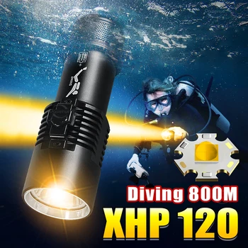 Фонарик для Дайвинга Мощный XHP120 СВЕТОДИОДНЫЙ Фонарик Желтая Лампа Фонарик Для Дайвинга Водонепроницаемая Подводная Подсветка 800 м Кемпинг Lanterna 1
