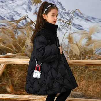 Черная Длинная пуховая куртка для девочек-подростков, зимние однотонные Теплые Модные парки, пальто, верхняя одежда на молнии, верхняя одежда для детей 5-16 лет 2