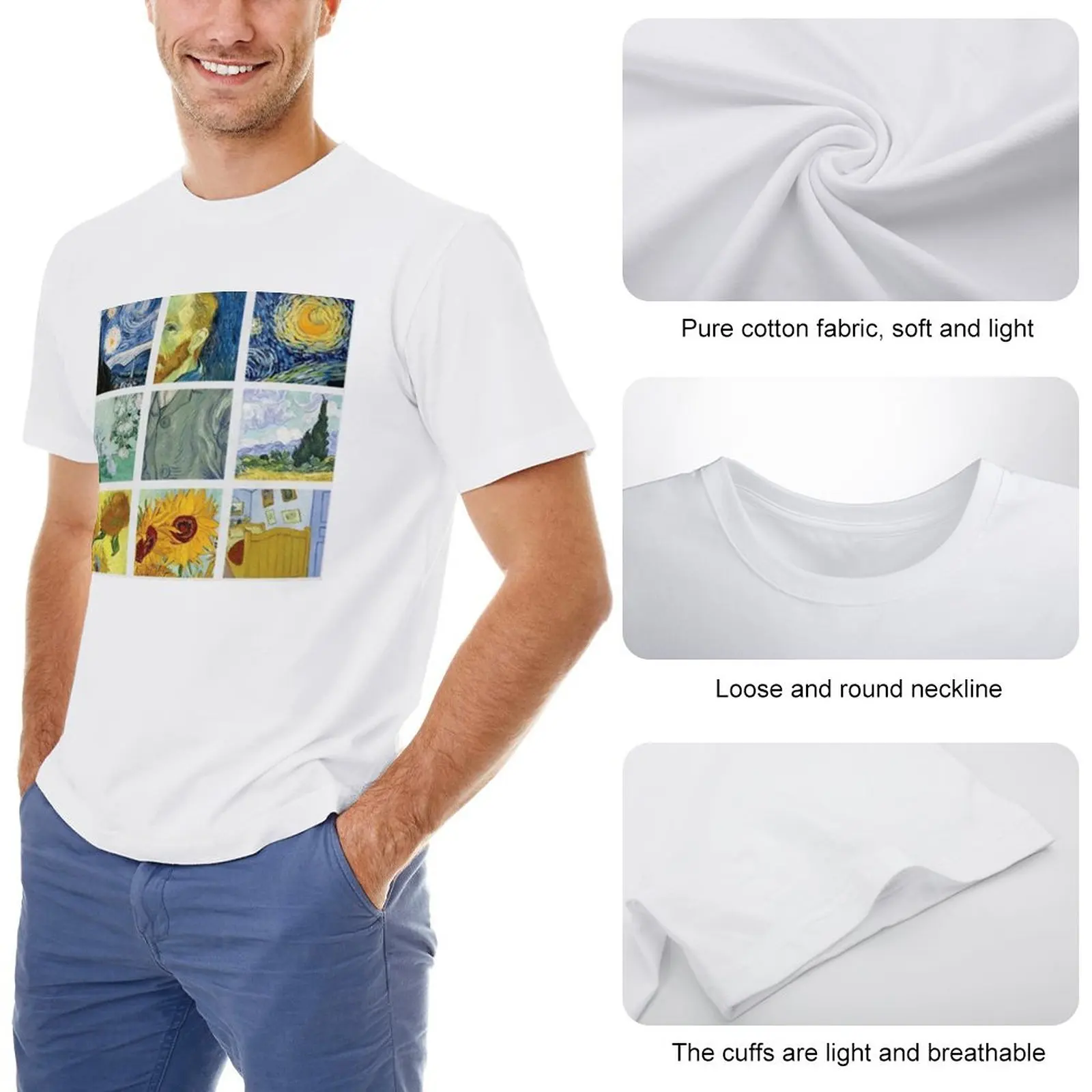 Футболка с рисунком Винсента Ван Гога в сетку, забавная футболка, корейская мода, мужские футболки большого и высокого роста Изображение 1