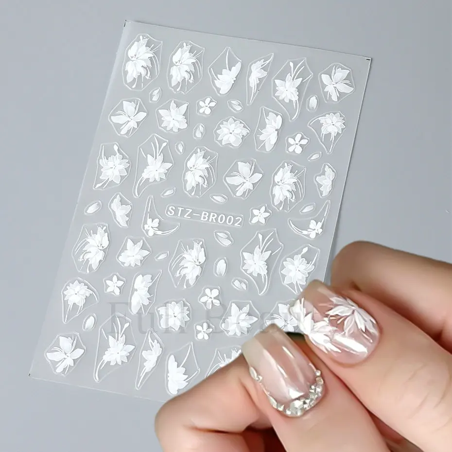 Белые Кружевные Цветы 3D Наклейки Для Дизайна Ногтей Простые Цветочные Лепестки Клейкие Слайдеры Свадебные Дизайны Украшения Наклейки Для Ногтей LASTZ-BR Изображение 1