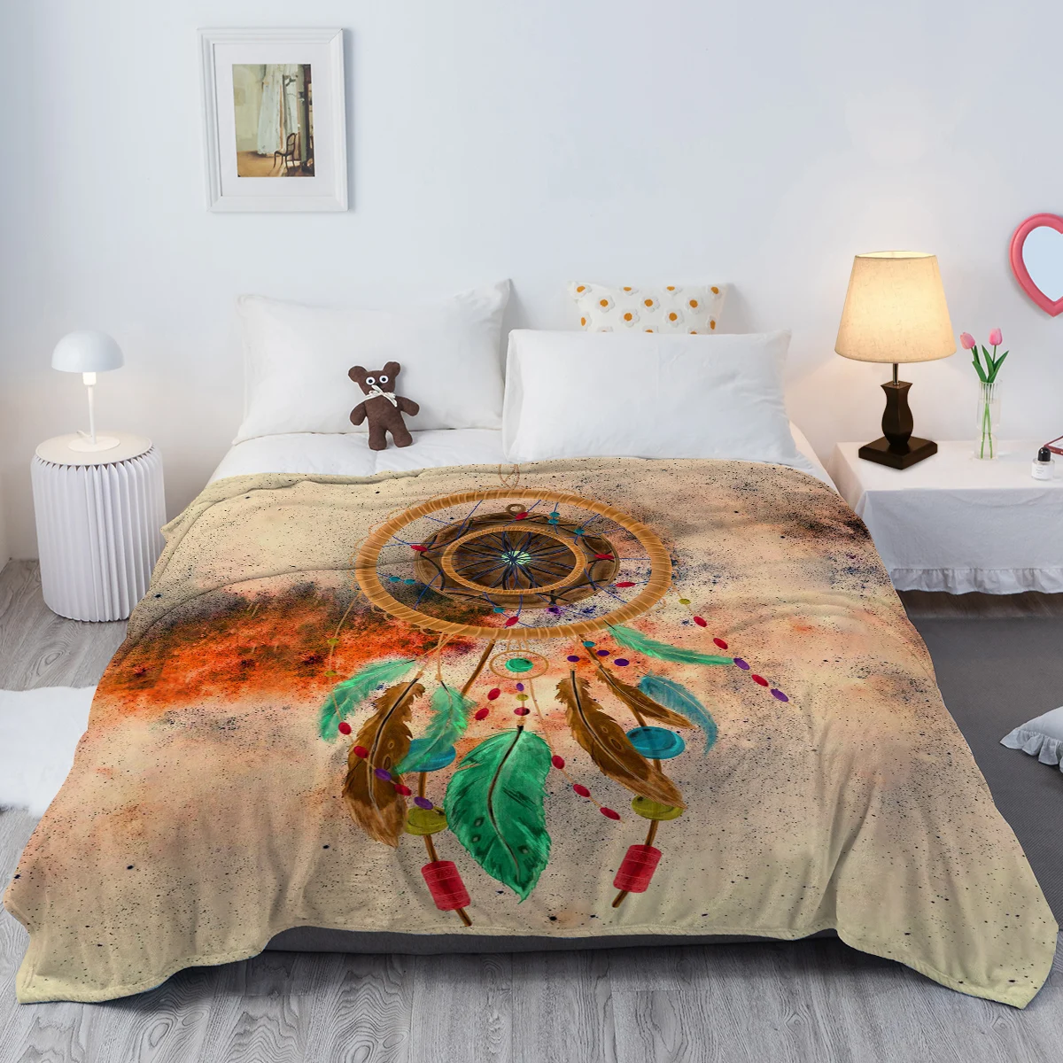 Плед-ловец снов, плед-ловец с принтом из зеленых перьев, Уютное одеяло для дивана-кровати в гостиной Изображение 1