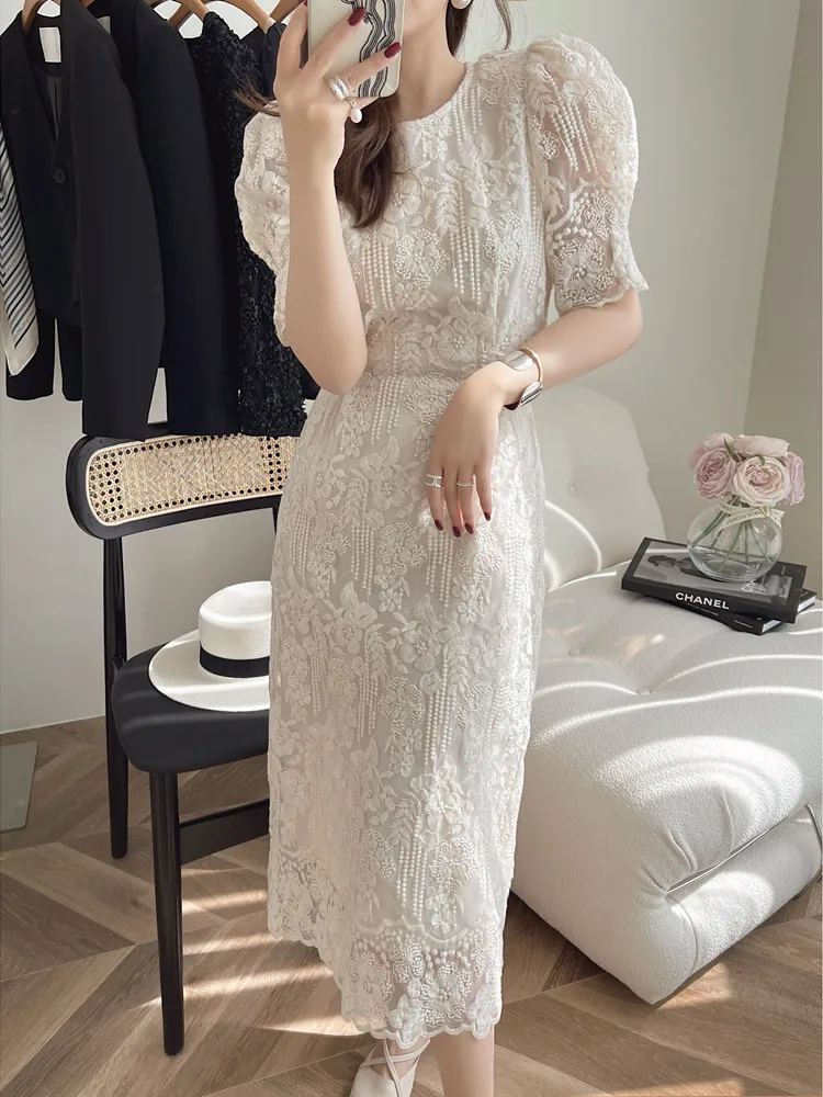роскошное элегантное женское белое кружевное платье с высокой вышивкой, женское летнее французское элегантное длинное платье с узкой талией 2023 года Изображение 1