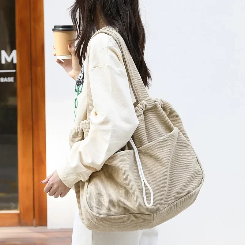 Простые повседневные сумки для подростков, студенческая вельветовая сумка через плечо, женская большая сумка на шнурке, женские сумки для покупок Изображение 1