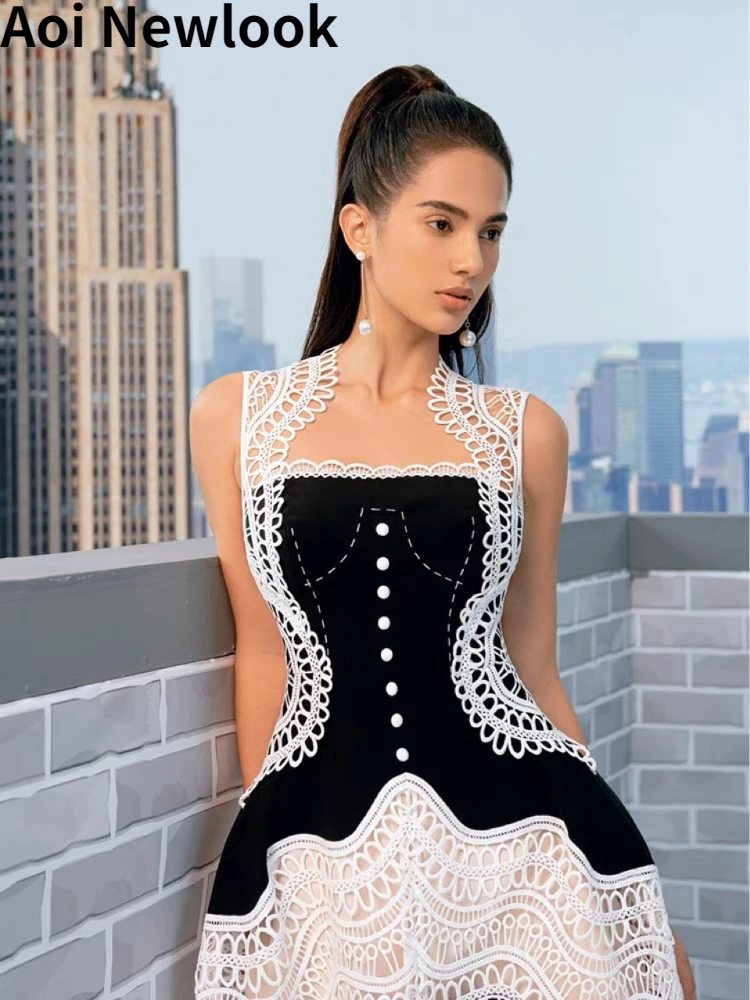 Женское платье Aoi 2023 Высокого качества Y2k Vestidos, черно-белое кружевное лоскутное шитье контрастного цвета, открытая модная одежда для вечеринок Изображение 1