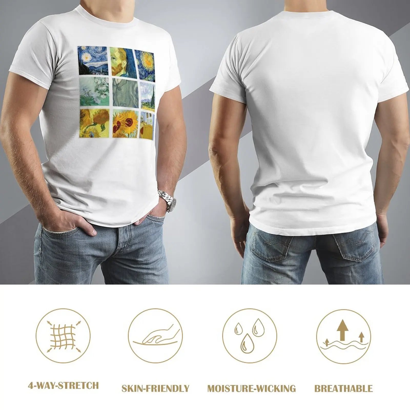 Футболка с рисунком Винсента Ван Гога в сетку, забавная футболка, корейская мода, мужские футболки большого и высокого роста Изображение 2