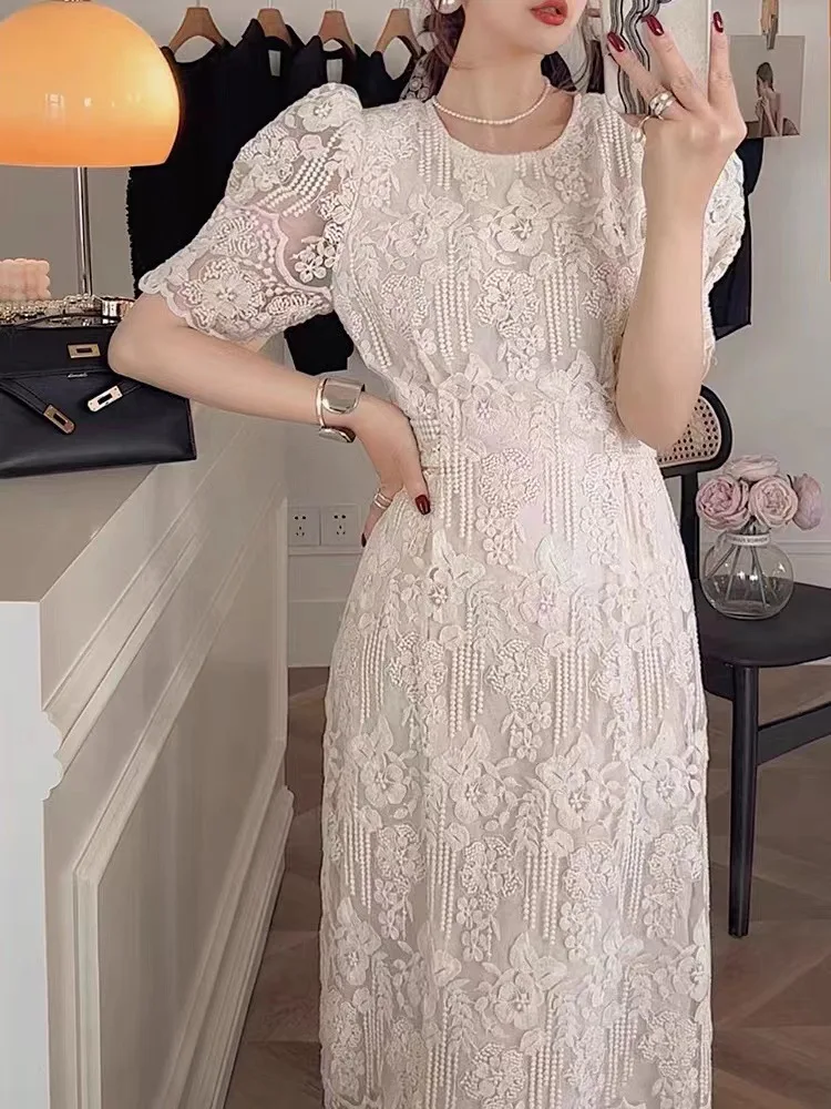 роскошное элегантное женское белое кружевное платье с высокой вышивкой, женское летнее французское элегантное длинное платье с узкой талией 2023 года Изображение 2