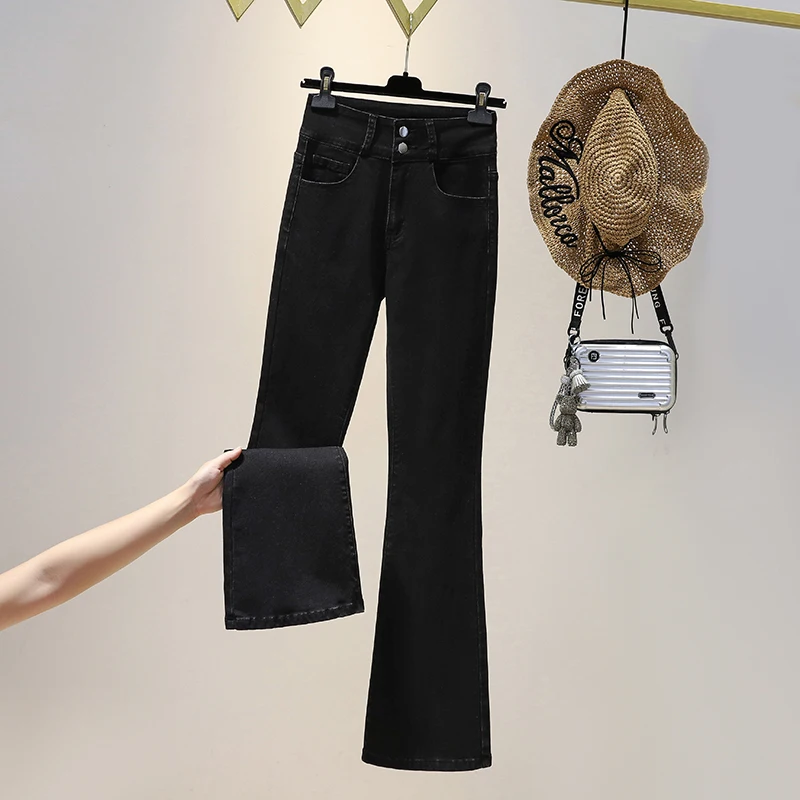 Осенние стрейчевые расклешенные джинсы, женские джинсовые брюки с высокой талией, женские эластичные брюки на двойных пуговицах Mujer 4XL Изображение 2