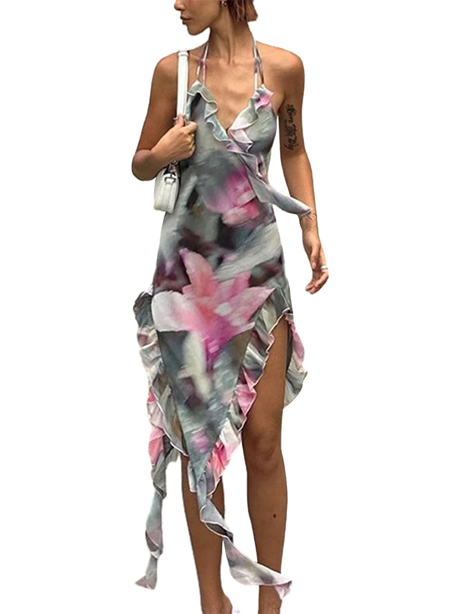 Женское платье на бретельках с принтом в виде галстука-краски, летнее вечернее платье с нерегулярными оборками и открытой спиной для коктейлей, уличная одежда для пляжных клубов Изображение 2