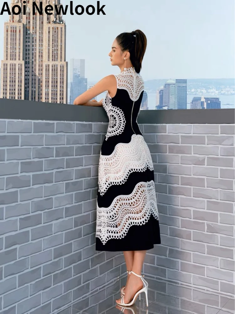 Женское платье Aoi 2023 Высокого качества Y2k Vestidos, черно-белое кружевное лоскутное шитье контрастного цвета, открытая модная одежда для вечеринок Изображение 2