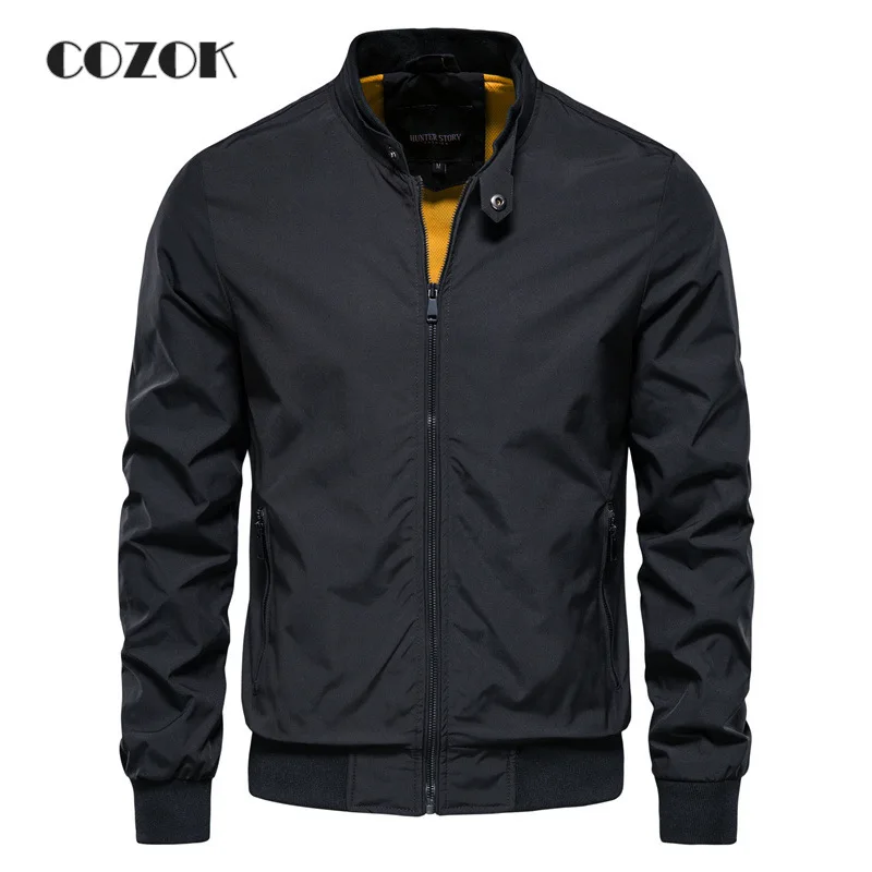 Осенняя новая стильная мужская куртка высокого качества, повседневная однотонная куртка, модная приталенная мужская куртка со стоячим воротником, куртка Изображение 2
