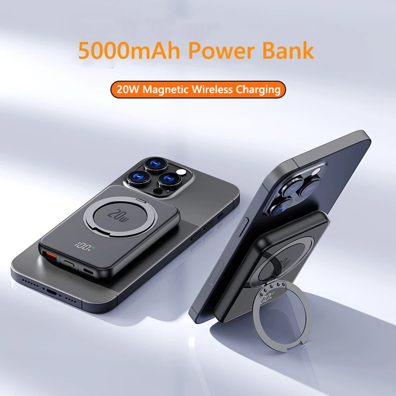 20 Вт Power Bank 5000mAh Qi Беспроводное зарядное устройство для iPhone 15 14 Huawei Xiaomi 13 Powerbank Кольцевой держатель 22,5 Вт Повербанк для быстрой зарядки Изображение 2