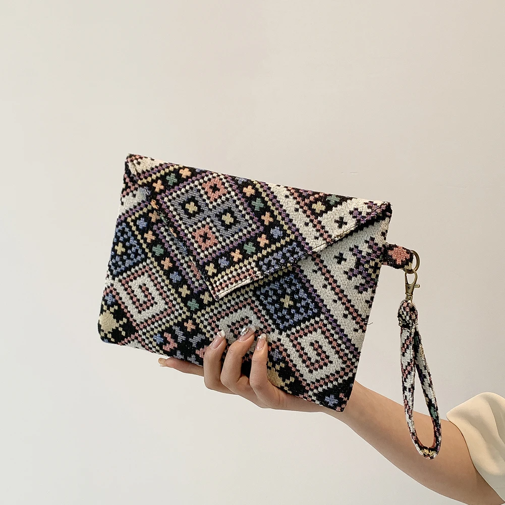 Женская сумка, этнические маленькие квадратные сумки, сумки в богемном стиле, повседневный кошелек для путешествий, женский холщовый клатч, сумки-тоутсы Изображение 3