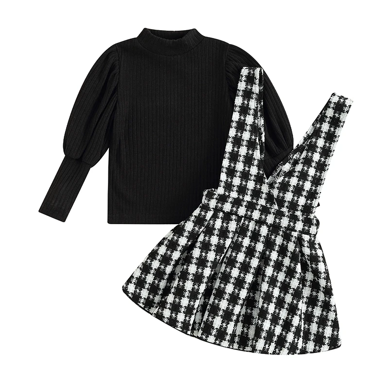 Осенняя одежда для малышей Комплект из 2 предметов юбки для маленьких девочек Водолазка пуловер с длинными пышными рукавами и миниюбка в клетку Изображение 3