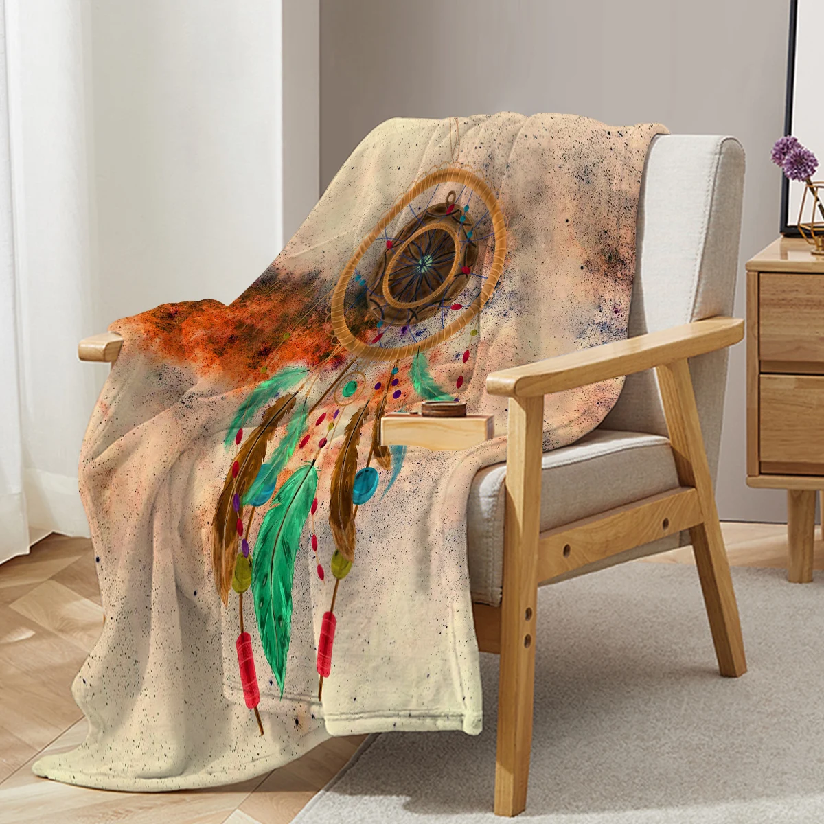 Плед-ловец снов, плед-ловец с принтом из зеленых перьев, Уютное одеяло для дивана-кровати в гостиной Изображение 3