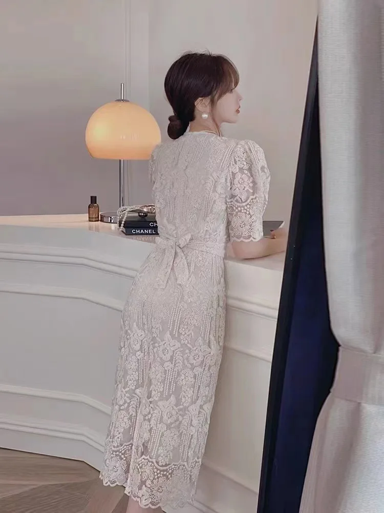 роскошное элегантное женское белое кружевное платье с высокой вышивкой, женское летнее французское элегантное длинное платье с узкой талией 2023 года Изображение 3