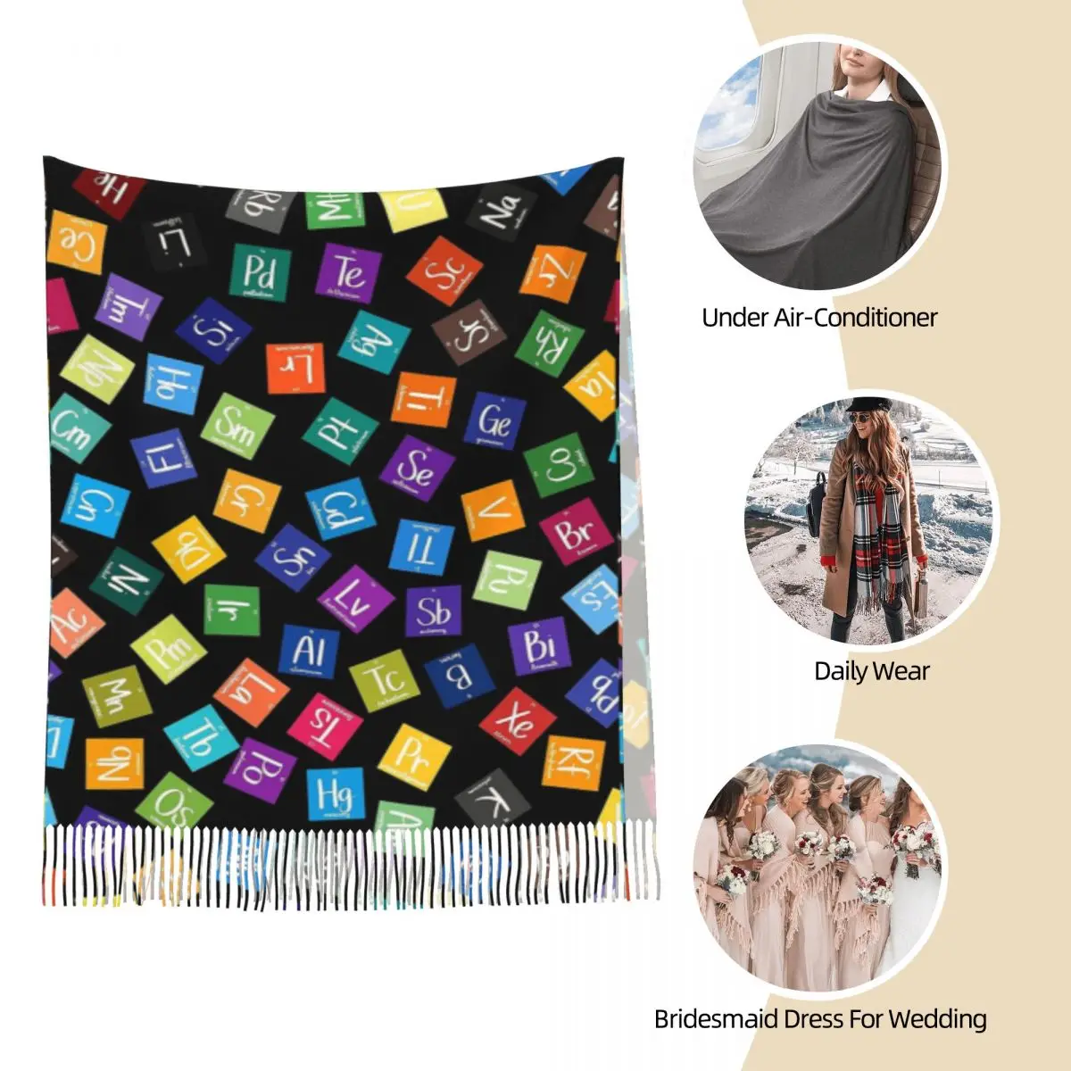 Радужный шарф с периодической таблицей Менделеева для женщин, осенне-зимняя шаль, обертывание, элементы научной химии, длинный шарф-шаль, легкий вес Изображение 3