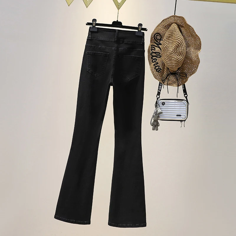 Осенние стрейчевые расклешенные джинсы, женские джинсовые брюки с высокой талией, женские эластичные брюки на двойных пуговицах Mujer 4XL Изображение 3