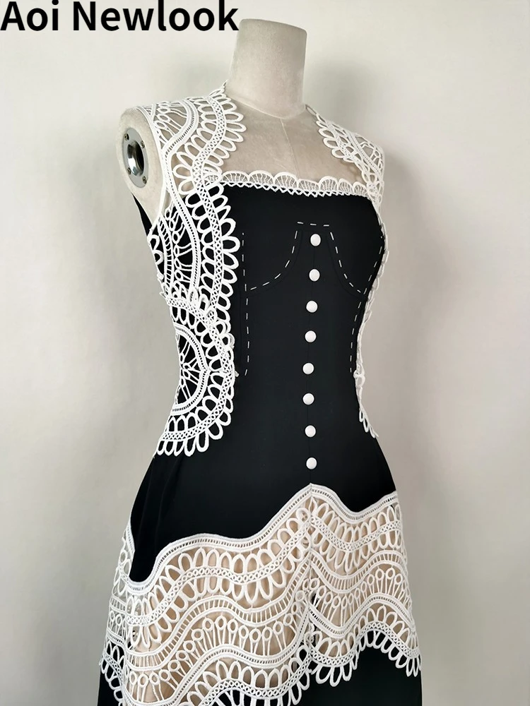 Женское платье Aoi 2023 Высокого качества Y2k Vestidos, черно-белое кружевное лоскутное шитье контрастного цвета, открытая модная одежда для вечеринок Изображение 3