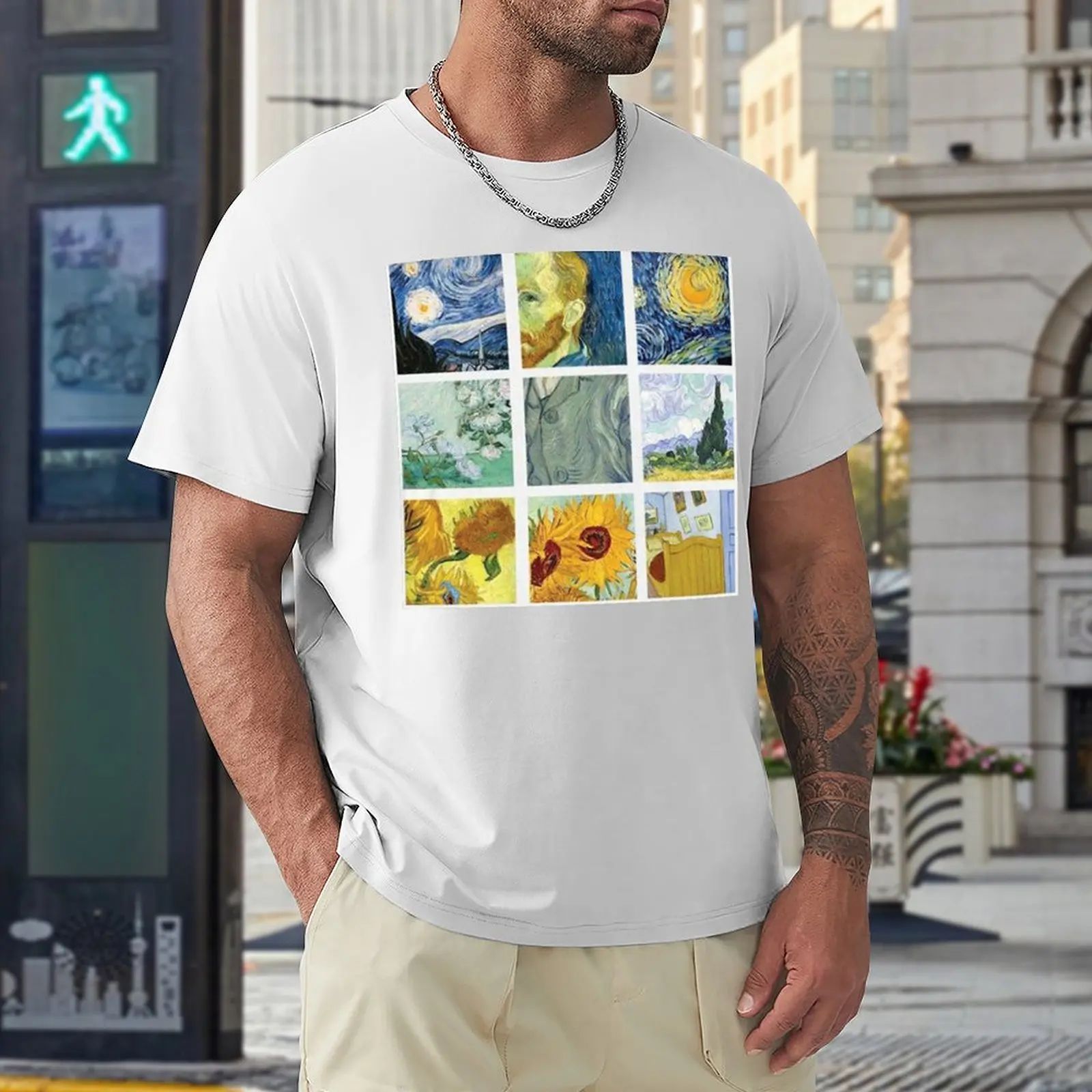 Футболка с рисунком Винсента Ван Гога в сетку, забавная футболка, корейская мода, мужские футболки большого и высокого роста Изображение 4