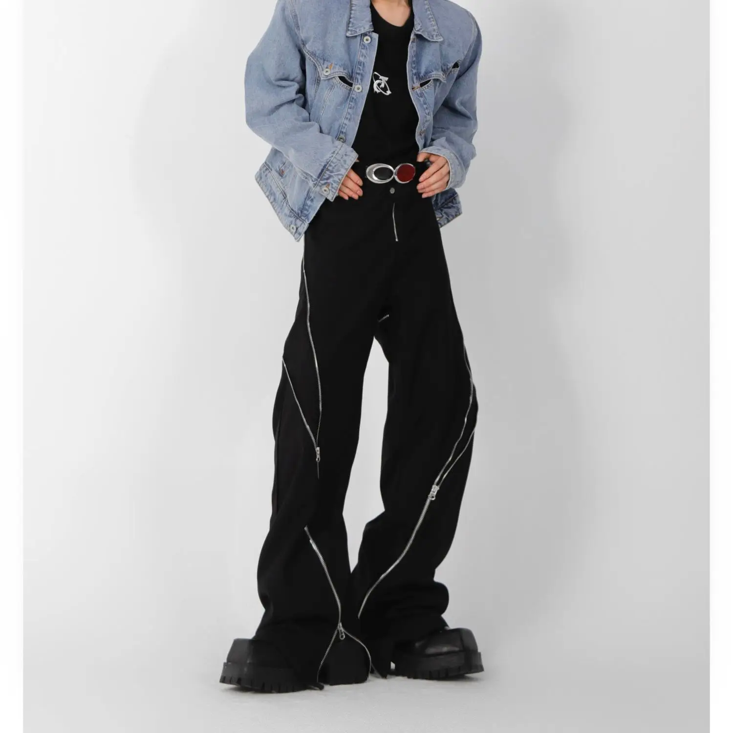 Американский модный бренд, женские черные брюки с разрезом на молнии, слегка расклешенные брюки с вертикальным ощущением прямых повседневных брюк в стиле ретро Изображение 4