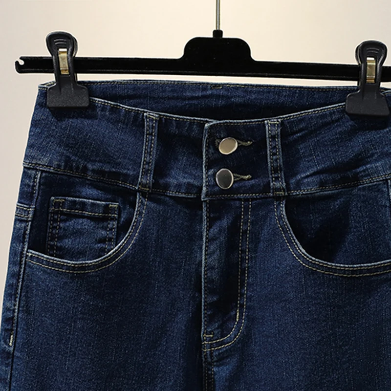 Осенние стрейчевые расклешенные джинсы, женские джинсовые брюки с высокой талией, женские эластичные брюки на двойных пуговицах Mujer 4XL Изображение 4