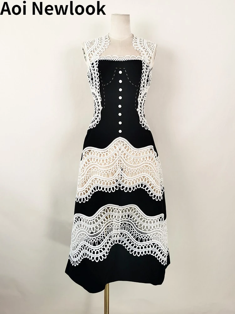 Женское платье Aoi 2023 Высокого качества Y2k Vestidos, черно-белое кружевное лоскутное шитье контрастного цвета, открытая модная одежда для вечеринок Изображение 4