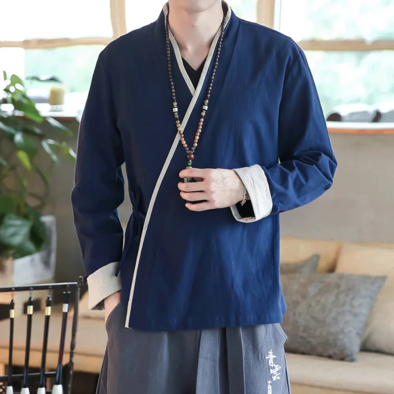 Мужская рубашка-кимоно, кардиган, традиционный мужской китайский костюм самурая, повседневная куртка-кимоно харадзюку, уличная одежда, топы Изображение 5