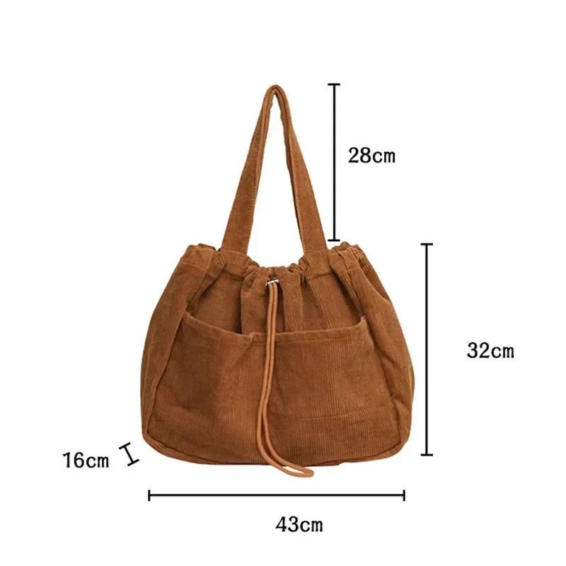 Простые повседневные сумки для подростков, студенческая вельветовая сумка через плечо, женская большая сумка на шнурке, женские сумки для покупок Изображение 5
