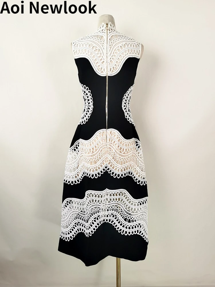 Женское платье Aoi 2023 Высокого качества Y2k Vestidos, черно-белое кружевное лоскутное шитье контрастного цвета, открытая модная одежда для вечеринок Изображение 5
